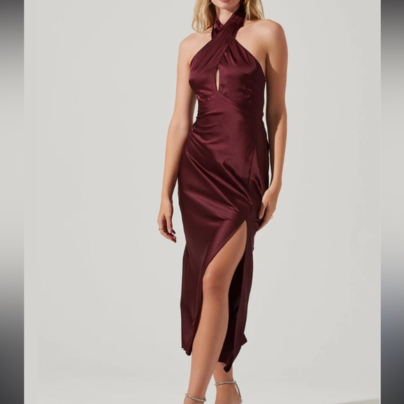 Astr Dresses & Skirts - Astr The Label Marissa Satin Halter Neck Midi Dress in Deep Wine NEW Size Large